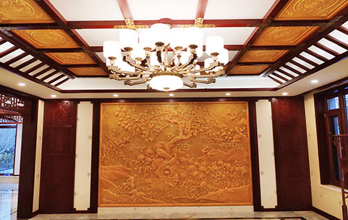 怀化中式别墅客厅中式木作横梁吊顶装饰展示